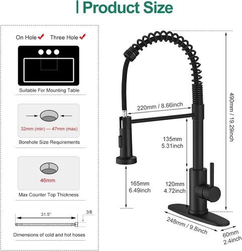 Miniatura 5 de VOTON Grifo de Cocina Negro con Rociador Extraíble Grifo de Fregadero de Cocina Extraíble Acero Inoxidable Comercial Resorte Grifos de Cocina