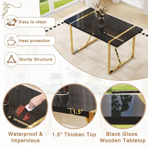 Miniatura 4 de Juego de mesa de comedor negra para 4, parte superior negra brillante de 55 pulgadas con patas de metal dorado, juego de mesa de comedor moderno