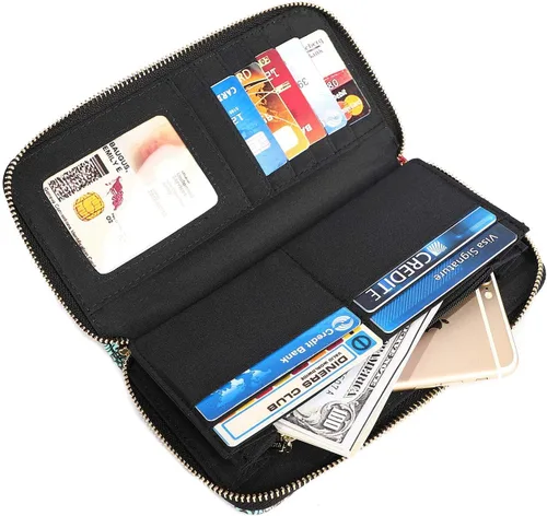 Miniatura 47 de Cartera de mano para mujer, estilo bohemio, con RFID, elegante, espaciosa con correa para viajes, capacidad para tarjetas, teléfono, dinero