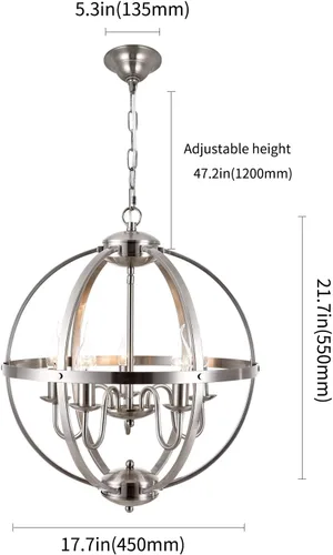 Miniatura 2 de Moderna lámpara de comedor con 5 luces de esfera de níquel cepillado para comedor y sala de estar, vestíbulo y cocina, pasillo y entrada..