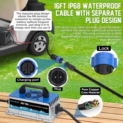 Miniatura 7 de Cargador de batería de litio 36 voltios/43.8V 18A para batería LiFePO4 de 36V (38.4V) 0V de activación 36V cargador Lifepo4, IP67 impermeable