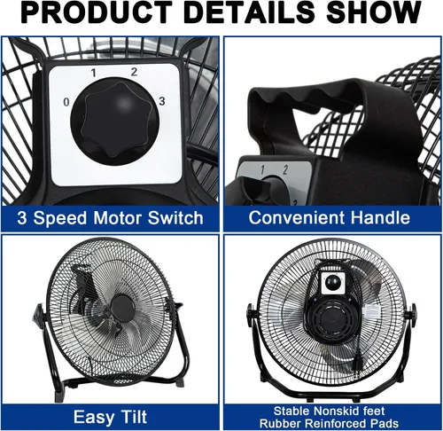 Miniatura 4 de BILT HARD Ventilador de piso de alta velocidad de 12 pulgadas, 3 velocidades, potente ventilador de flujo de aire de 1650 CFM, ventilador de metal