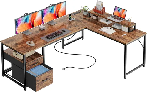 Miniatura 13 de PRAISUN Escritorio en forma de L de 55 pulgadas con tomas de corriente y puerto USB-C, escritorio de oficina en casa con cajones de tela de archivos