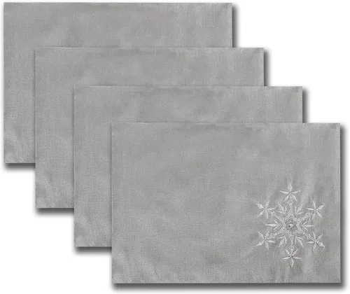 Miniatura 3 de OWENIE Juego de 4 manteles individuales de mesa de Navidad, manteles individuales plateados con bordado de lentejuelas, manteles individuales grises