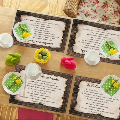 Miniatura 4 de Juego de 4 manteles individuales de los 10 mandamientos, manteles religiosos de los 10 mandamientos lavables de doble cara para cocina, comedor