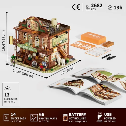 Miniatura 9 de Lumibricks Western-Inn - Juego de 2682 piezas de construcción de hotel de construcción ligera The Old West Inn para adultos y amantes del oeste