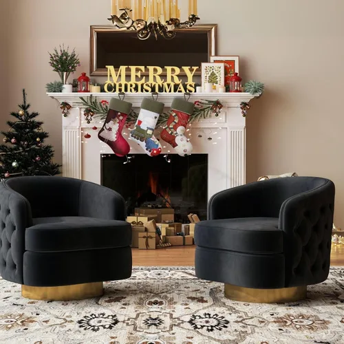 Miniatura 5 de Hyfirm Silla decorativa moderna negra, sillón giratorio de barril para sala de estar, sillas cómodas de terciopelo con botones, asiento de sofá