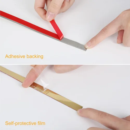 Miniatura 5 de Moldura de pared dorada de 16 pies de acero inoxidable para despegar y pegar, cinta autoadhesiva de metal para espejo, acabado metalizado similar a