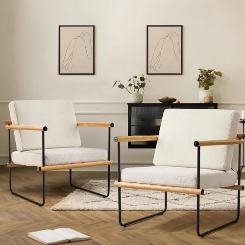 Miniatura 4 de Silla decorativa de tela Boucle de 29 pulgadas para dormitorio, sillón moderno para sala de estar, sillón de lectura tapizado con brazos de metal