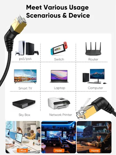 Miniatura 5 de CableCreation Cable Ethernet de ángulo recto CAT8, cable de red LAN CAT8 de rotación de 360° con conector blindado RJ45, cable de conexión de 40