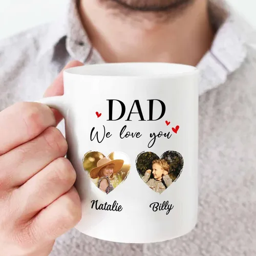 Miniatura 5 de Marco de fotos personalizado para niños, taza de café de regalo para papá y papá, taza de café blanca con texto en inglés "Dad We Love You", taza