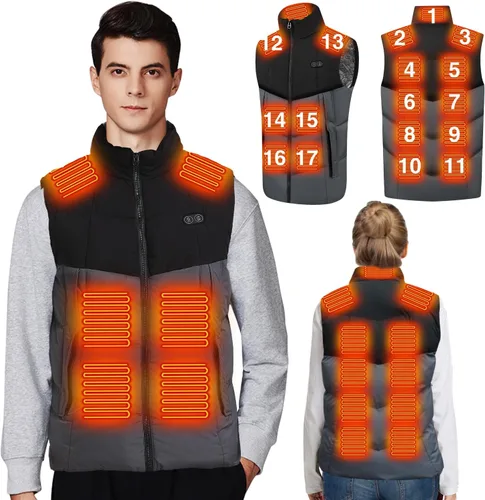 PANGTIKU Chaleco térmico para hombres y mujeres, 17 zonas de calefacción, chaleco eléctrico USB, chaqueta térmica para invierno (batería no incluida)