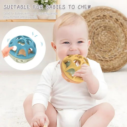 Miniatura 5 de Pelota de sonajero para bebé, juguetes Montessori sensoriales para dentición, juguete suave para masticar con sonajeros para bebés, juguetes de Azul