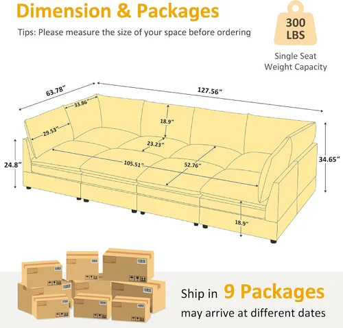 Miniatura 2 de VANOMi Sofá Seccional Modular Cloud de 127" para Sala de Estar, Sofá Cama Moderno de Gran Tamaño con Asiento Profundo y Otomana de Cojín Grueso