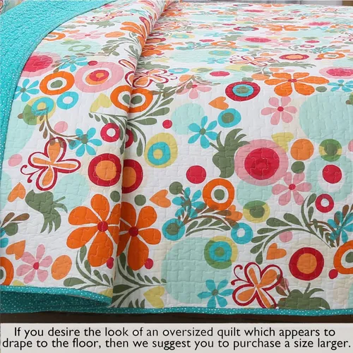 Miniatura 5 de Cozy Line Home Fashions Juego de ropa de cama reversible para niña, color rosa, verde, azul, naranja, colorido, floral, fantasía, colcha