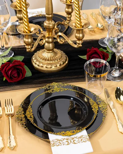 Miniatura 3 de Nervure - 350 platos de plástico negro - Juegos de vajilla de plástico negro para 50 invitados - 100 platos desechables, 150 cubiertos dorados, 50