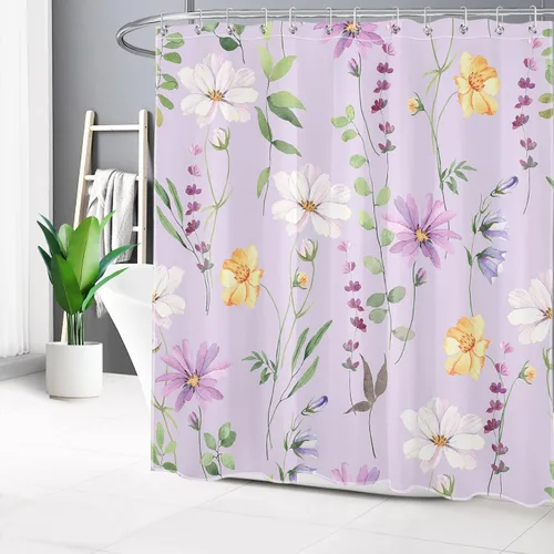 Miniatura 18 de Cortina de ducha de flores silvestres amarillas, moradas, florales y verde salvia con hojas de eucalipto sobre blanco, juego de cortina de ducha