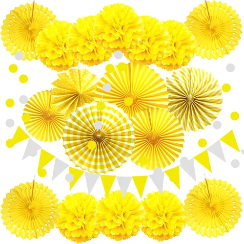 Miniatura 10 de Zerodeco - Decoración de fiesta, 21 piezas de abanicos de papel, pompones flores, tiras de cuerdas de lunares y banderines triangulares