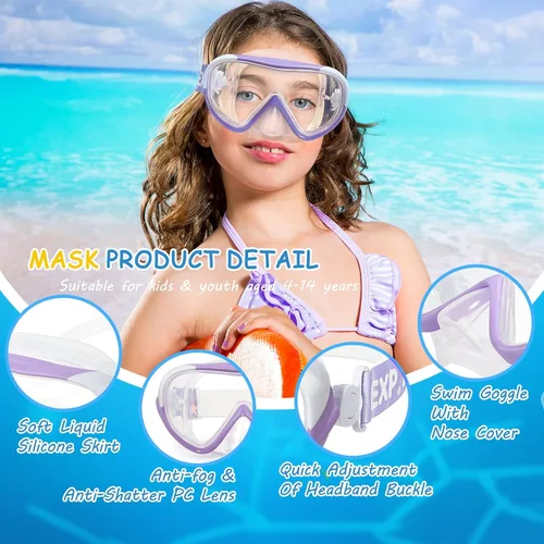 Miniatura 3 de Máscara de natación para niños, gafas de natación para niños de 180° antivaho, a prueba de fugas, con cubierta de nariz y correa de tela para edades