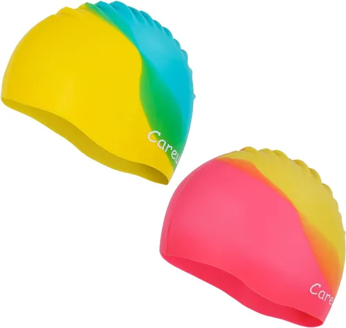 Gorro de natación, paquete de 2 gorras de natación de silicona duraderas para niños, niñas, niños y jóvenes (edad 2-12), suaves 3D ergonómicos