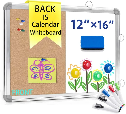 Combinación de calendario magnético 3 en 1, pizarra blanca y tablero de corcho, pizarra blanca colgante de 12 x 16 pulgadas con 5 marcadores y 1