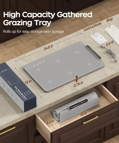 Miniatura 7 de Qimh Tapete de calentamiento de alimentos, bandeja de calentamiento eléctrica para fiestas y bufés, superficie de silicona completa con 4 ajustes
