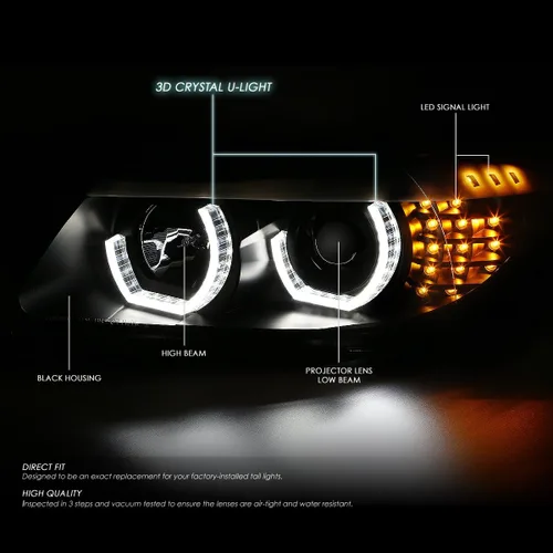 Miniatura 2 de DNA MOTORING HL-3D-E9005-BK - Faros delanteros negros con anillo de halo 3D, haz alto y bajo, con señales de giro ámbar, compatibles con BMW 323i