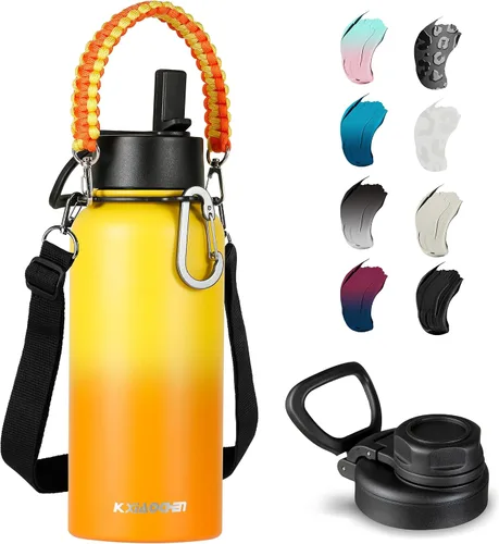 Miniatura 20 de KXIAOCHEN Botella de agua aislada, botella de agua de acero inoxidable, 2 tapas (con pajilla y tapa con asa), botellas de agua metálicas de boca