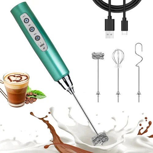Nahida Varita espumadora de leche verde para café, espumador de mano, batidor eléctrico recargable con 3 cabezales, 3 velocidades, mezclador de