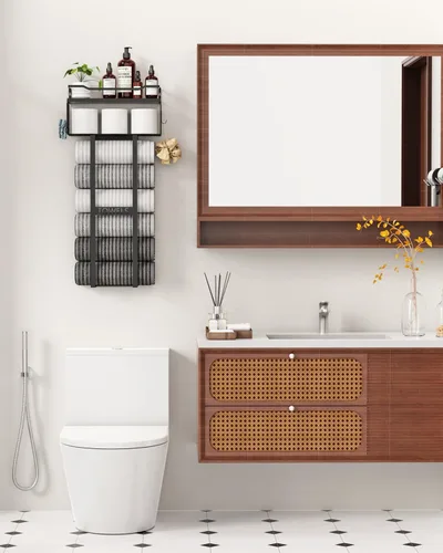 Miniatura 6 de Aetyord Toallero para Baño de 31 Pulgadas Montado en Pared, Estante Flotante con Tablero de Madera, Almacenamiento de Toallas para Baño que Puede