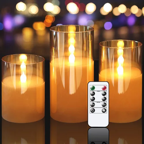 KunSween - Velas LED sin llama de vidrio con control remoto y temporizador, velas de cera real, luz parpadeante de color cálido para festivales,