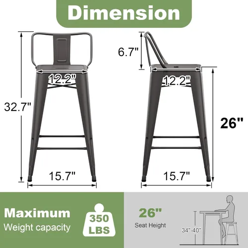Miniatura 3 de Yongchuang Taburetes de bar de metal de 26 pulgadas con respaldo, juego de 4 taburetes de bar de altura de encimera de cocina para interiores y RUSTY