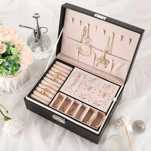 Miniatura 3 de Organizador de joyas para mujer organizador grande de joyas de viaje de 2 capas de piel sintética con forro suave para mujeres y niñas anillos