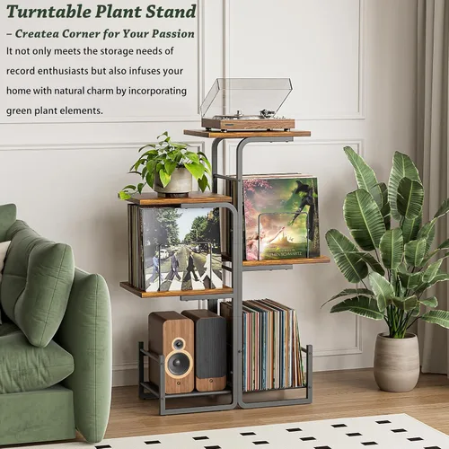 Miniatura 4 de Bikoney - Soporte para tocadiscos inspirado en jardineras con gran almacenamiento de vinilo, mesa de tocadiscos vintage con estante para LP