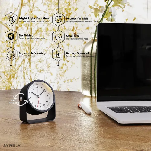 Miniatura 2 de AYRELY® Reloj despertador analógico pequeño de 3.5 pulgadas, funciona con pilas, bonito reloj de mesa con luz, ángulo ajustable para viajes, mesita