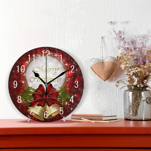 Miniatura 2 de ALAZA Decoración del hogar Feliz Navidad Campana Estrella Redonda Acrílico 9.84 Pulgadas Reloj de Pared No Ticking Silencioso Reloj Arte para Sala