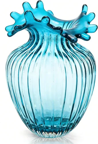 ZAVOOS Jarrón de vidrio soplado a mano, jarrón azul decorativo de arte moderno para plantas de flores, jarrón único de burbujas para decoración del