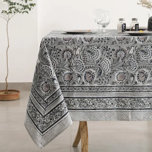 Miniatura 21 de Labhanshi Mantel rectangular de 6 plazas de algodón prelavado con estampado indio a mano, 60 x 90 pulgadas, diseño floral de algodón prelavado
