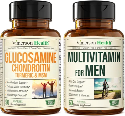 Vimerson Health Glucosamina condroitina cúrcuma MSM + suplemento multivitamínico para hombres 2 botellas para él. Salud de las articulaciones,
