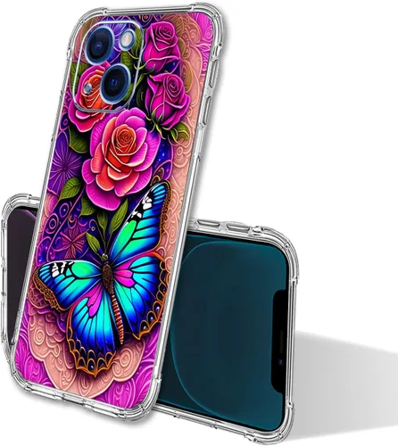 Miniatura 3 de Funda para iPhone 13 Pro Max, protección contra caídas de flores de mariposa azul, rosa, a prueba de golpes, carcasa protectora de cuerpo completo