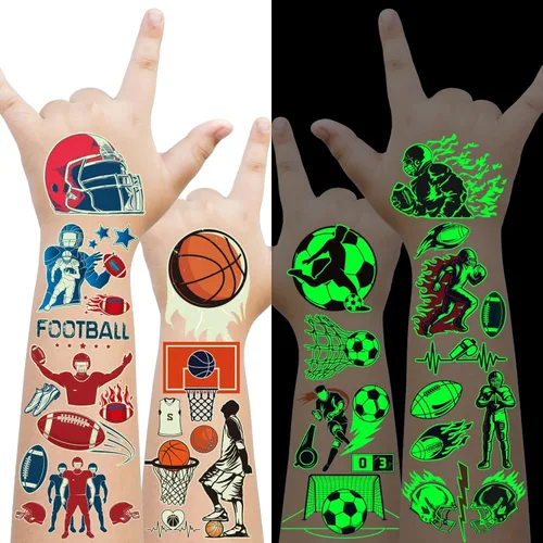 EMOME 30 hojas de tatuajes luminosos para niños, estilos deportivos, calcomanías temporales de tatuaje con fútbol, baloncesto, fútbol, suministros