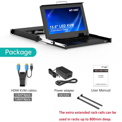 Miniatura 7 de MT-VIKI Consola KVM HDMI de 8 puertos, consola KVM de montaje en rack 1U con monitor LCD de 15.6 pulgadas, panel táctil integrado de profundidad