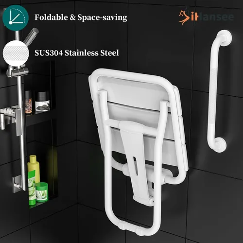 Miniatura 4 de Asiento de ducha plegable montado en la pared, capacidad de 500 libras, banco de ducha de acero inoxidable de 14 x 16 pulgadas con barra de agarre