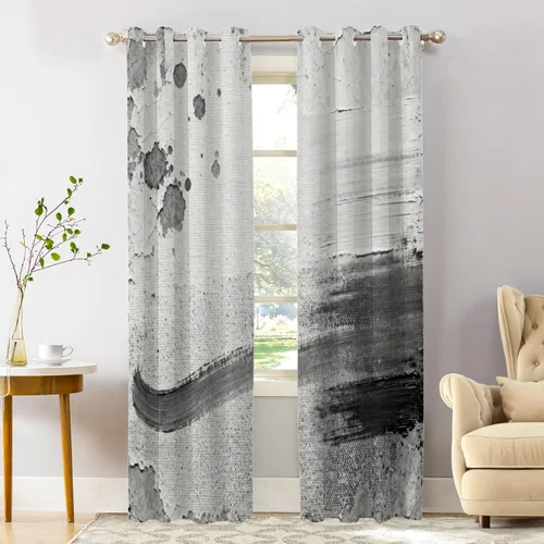 Miniatura 40 de Shrahala Beige and Orange Abstract Art Brushstrokes Blackout Curtain Tiers, Abstract Oil Paint Kitchen Valance Light Blocking Tier Drapes with Rod