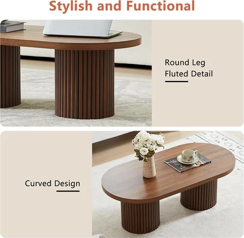 Miniatura 7 de Mesa de centro ovalada acanalada, mesa de centro de madera estilo granja, mesa central moderna de mediados de siglo boho para sala de estar y Nogal