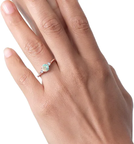 Miniatura 5 de Gem Stone King Anillo de compromiso de zafiro blanco con ópalo blanco de imitación de cabujón de oro rosa de 10 quilates para mujer