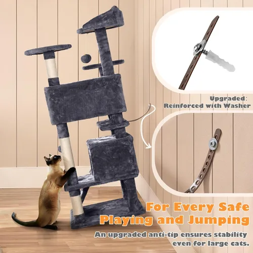 Miniatura 5 de Yaheetech Árbol para gatos de 54 pulgadas, torre para gatos de varios niveles con espaciosa percha de orejas de gatito, 2 cuevas acogedoras, postes