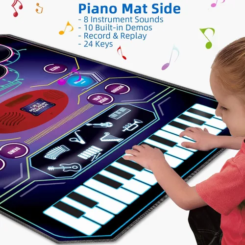 Miniatura 3 de Juguetes de aprendizaje musical 2 en 1 para niños y niñas, juego de batería + alfombrilla de piano Grabación y reproducción, canciones