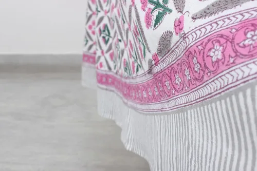 Miniatura 6 de Ridhi Mantel redondo con estampado de bloque a mano, 100% algodón, reutilizable, rosa y blanco, de 110 pulgadas, mantel decorativo para uso diario