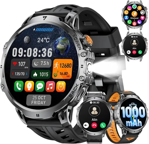 Miniatura 12 de Reloj inteligente militar para hombre, pantalla grande HD de 1.85 pulgadas, llamada Bluetooth, 1000 mAh, linterna, monitor de sueño de frecuencia